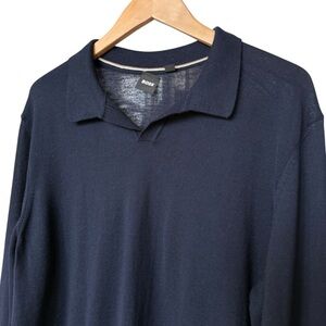 HUGO BOSS Men's V-Neck Enord Pullover 100% Wool Sweater Navy Blue XL Casual $198